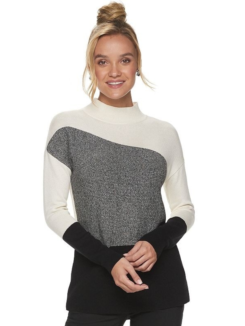 Apt. 9 Ivory, Gray & Black Colorblock Mock Neck Sweater